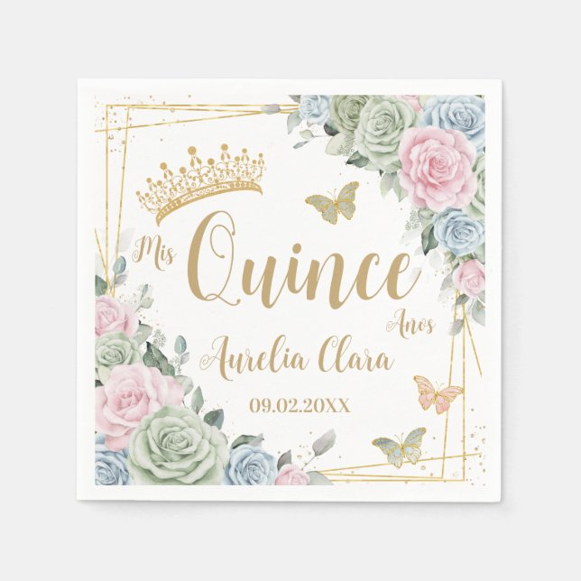 Servilleta De Papel Mariposa floral rosa Sage Green Rubor Quinceanera (Anverso)