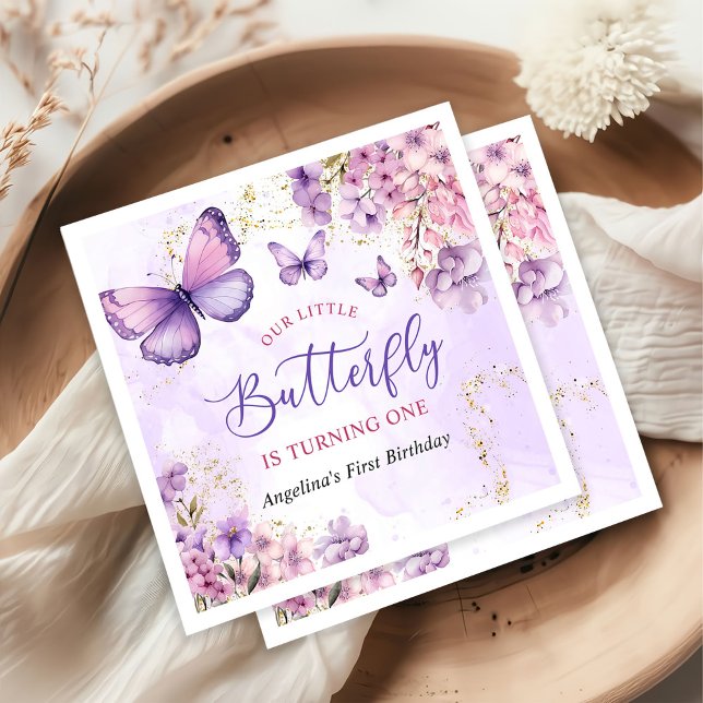 Servilleta De Papel Mariposa morada y dorada floral primer cumpleaños (Subido por el creador)