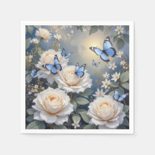 Servilleta De Papel Mariposas Azules Sobre Rosas Blancas y Margaritas