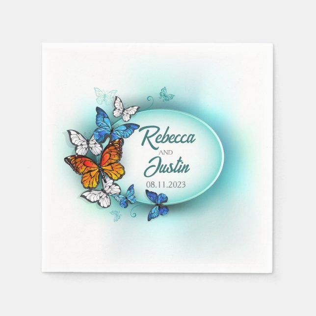 Servilleta De Papel Mariposas azules y Naranjas (Anverso)