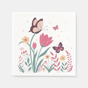 Servilleta De Papel Mariposas con tulipanes rosados y margaritas amari