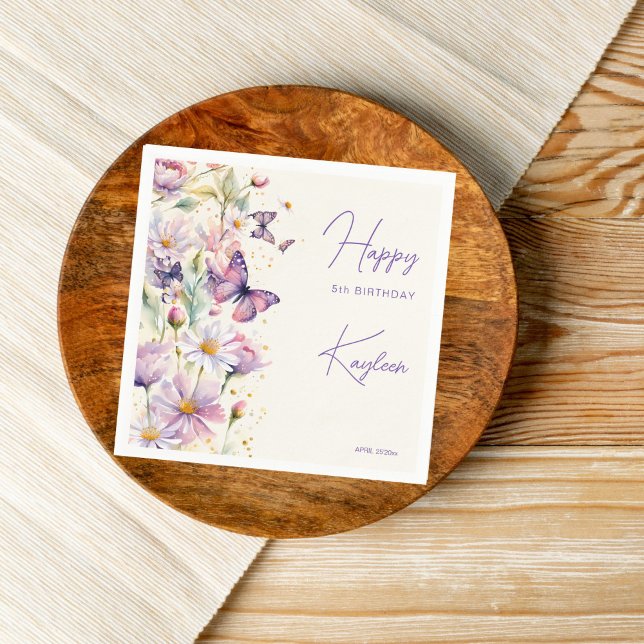 Servilleta De Papel Mariposas cumpleaños lavanda morado impreso (Butterflies birthday party  lavender purple flowers enchanted garden personalized printed napkins )