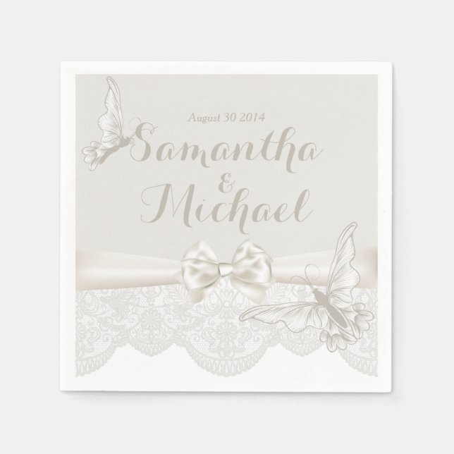 Servilleta De Papel Mariposas de marfil y encaje (Anverso)