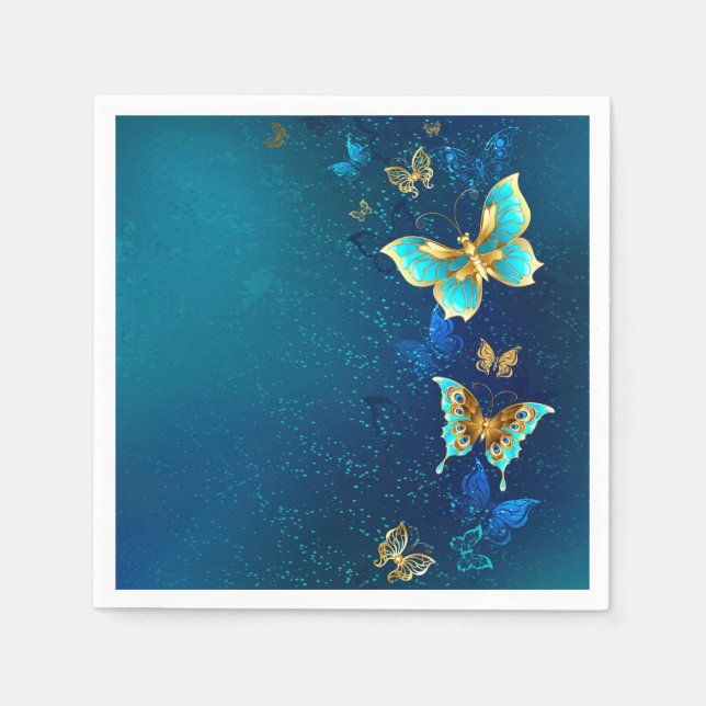 Servilleta De Papel Mariposas doradas sobre fondo azul (Anverso)