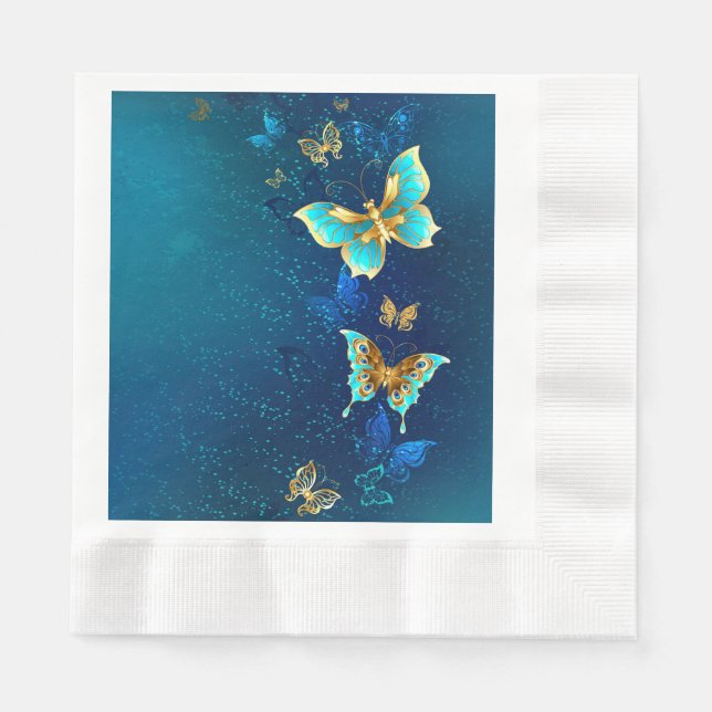 Servilleta De Papel Mariposas doradas sobre fondo azul (Anverso)