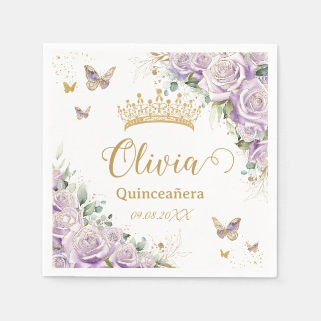 Servilleta De Papel Mariposas Florales Púrpura Lilac Quinceañera 15 16 (Anverso)