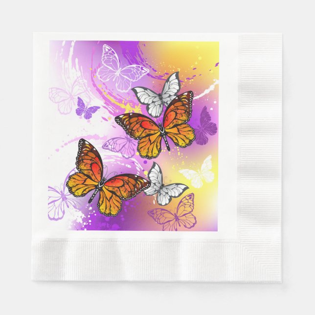 Servilleta De Papel Mariposas monarcas en fondo morado (Anverso)