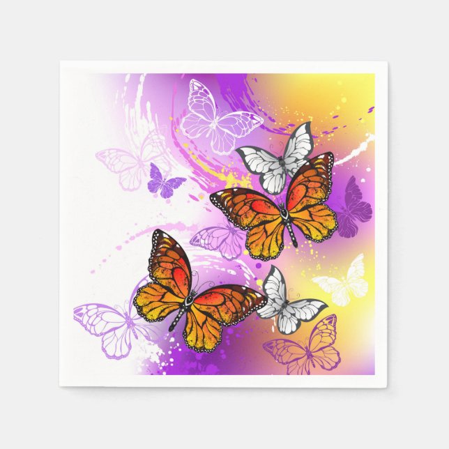 Servilleta De Papel Mariposas monarcas en fondo morado (Anverso)