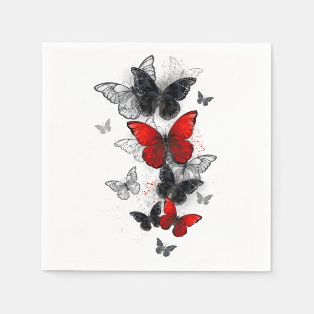 Servilleta De Papel Mariposas Morfo Negras y Rojas Volando (Anverso)