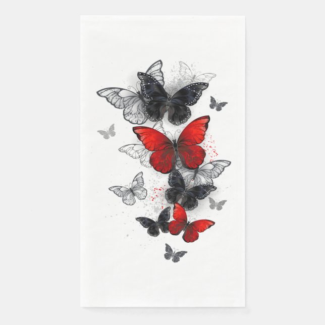 Servilleta De Papel Mariposas Morpho voladoras negras y rojas (Anverso)