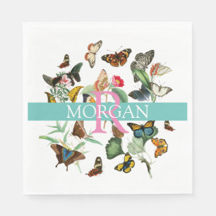 Servilleta De Papel Mariposas Vintage Monograma y Nombre DIY Teal/Blan