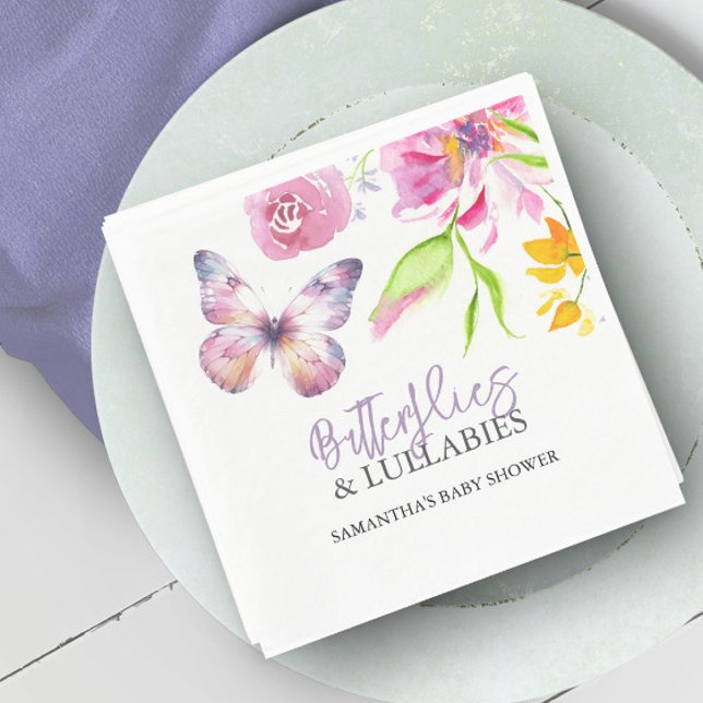 Servilleta De Papel Mariposas y canciones de cuna Baby Shower acuarela (Purple butterfly baby shower decorations watercolor flowers by Victoria Grigaliunas Do Tell A Belle)