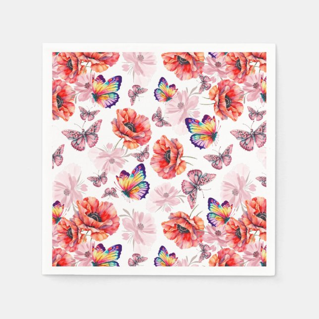 Servilleta De Papel Mariposas y flores de amapola (Anverso)
