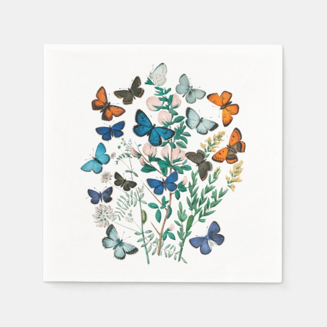 Servilleta De Papel Mariposas y flores de época, blanco (Anverso)