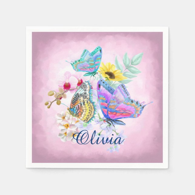 Servilleta De Papel Mariposas y flores elegantes (Anverso)