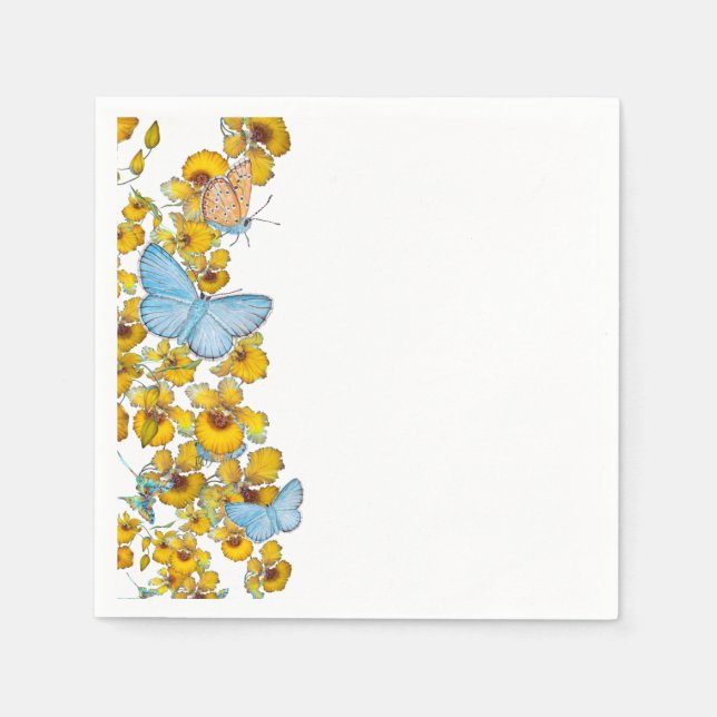 Servilleta De Papel Mariposas y Flores Pastel Azul y Amarillo  (Anverso)