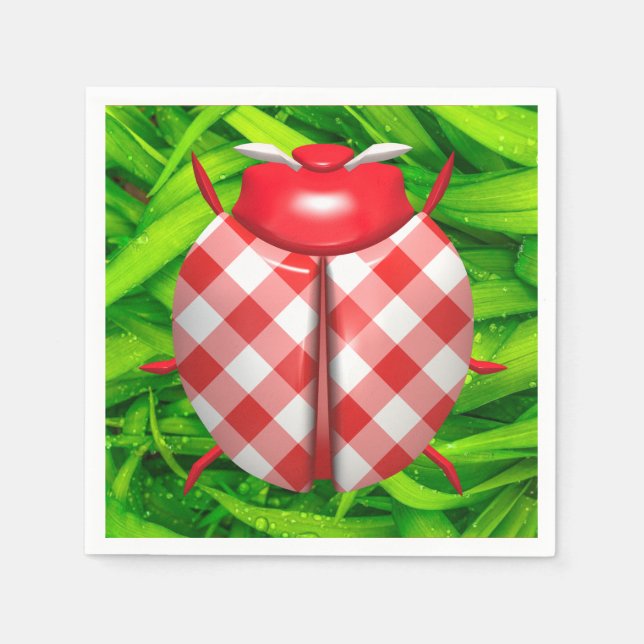 Servilleta De Papel Mariquita en hierba verde con estampado de gingham (Anverso)