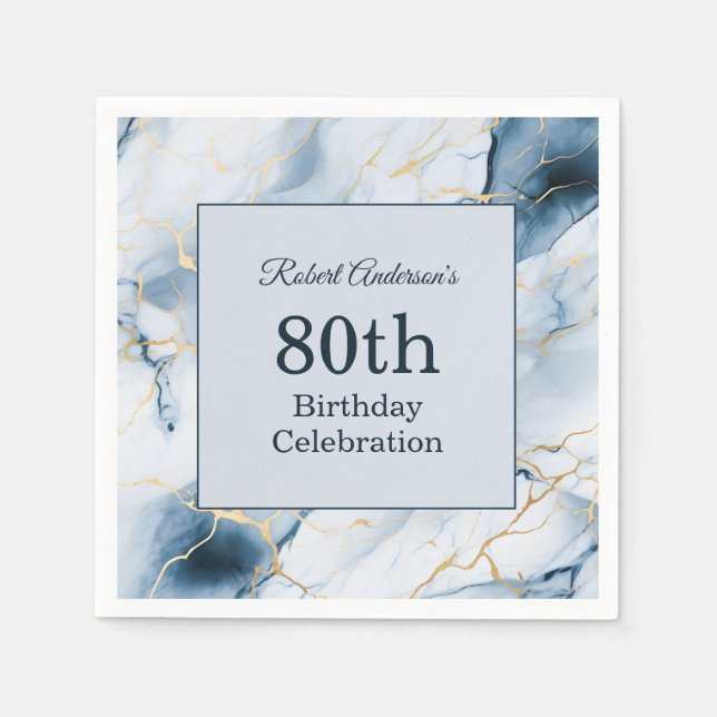 Servilleta De Papel Mármol Azul Claro Cumpleaños 80 (Anverso)