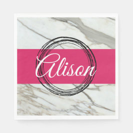 Servilleta De Papel Mármol blanco y nombre añadido rosa fucsia