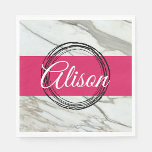 Servilleta De Papel Mármol blanco y nombre añadido rosa fucsia
