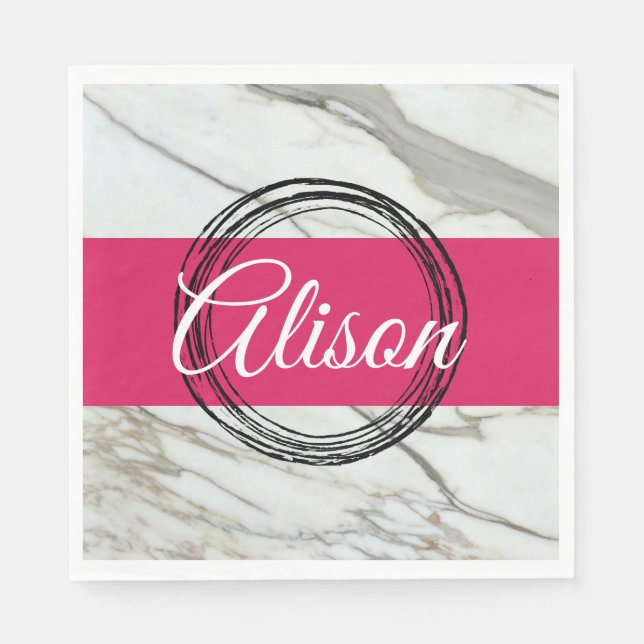 Servilleta De Papel Mármol blanco y nombre añadido rosa fucsia (Anverso)