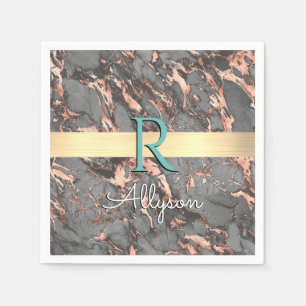 Servilleta De Papel Mármol gris y rosa dorado, barra dorada, nombre y