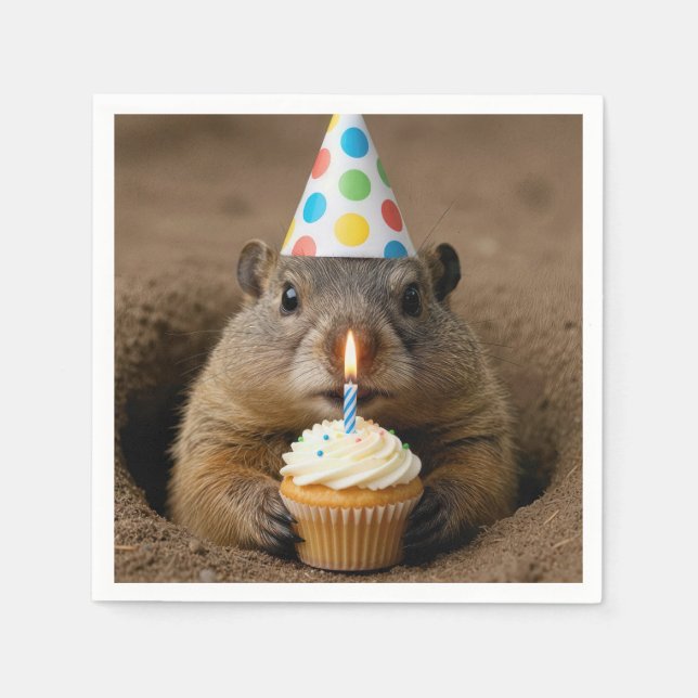 Servilleta De Papel Marmota de cumpleaños con un pastelito (Anverso)