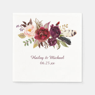 Servilleta De Papel Marsala Rosas Blancas Borgoñas Fethers Boho