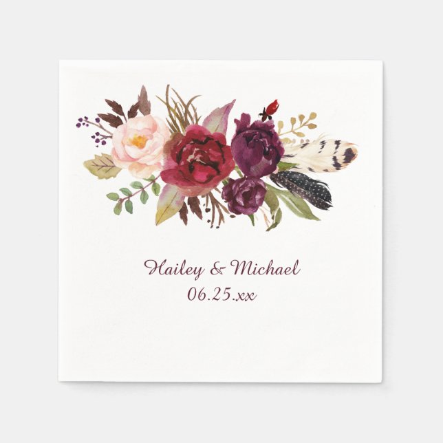 Servilleta De Papel Marsala Rosas Blancas Borgoñas Fethers Boho (Anverso)