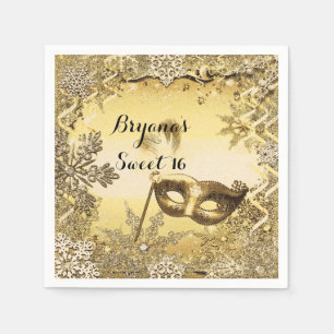 Servilleta De Papel Máscara de Mascarada Dorada & Copos de Nieve Elega