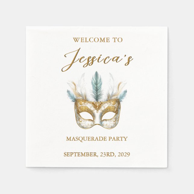 Servilleta De Papel Mascara dorada y blanca Mascarada Fiesta de Mascar (Anverso)
