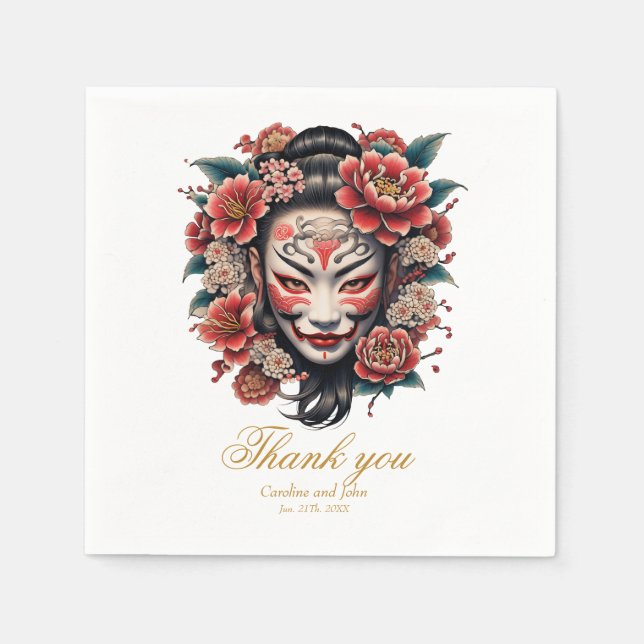 Servilleta De Papel Máscara japonesa decorada con flores (Anverso)