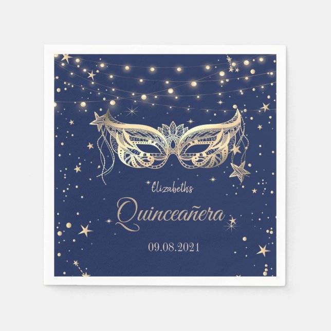 Servilleta De Papel Mascarada, Estrellas Azul de la Marina Quinceañera (Anverso)