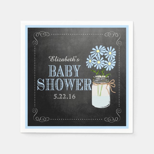 Servilleta De Papel Mason Jar Con Flores Azules Baby Shower (Anverso)