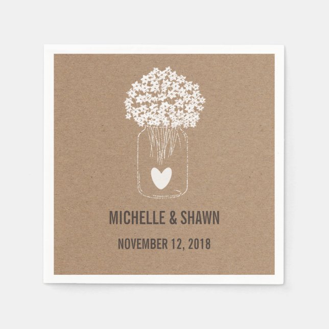 Servilleta De Papel Mason Jar Flowers Cute Heart Country Wedding (Anverso)