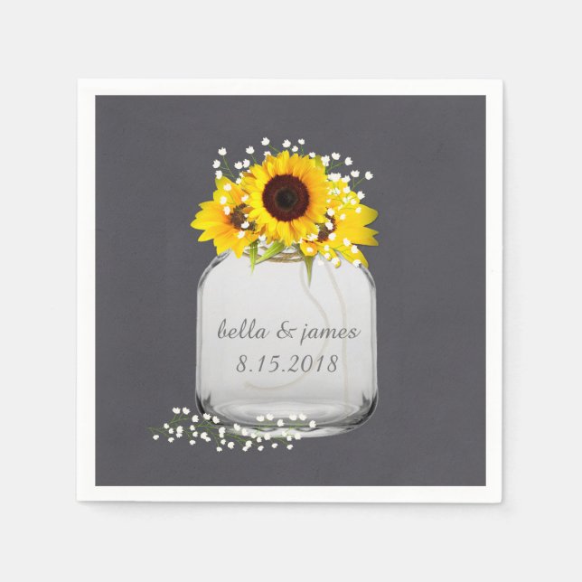 Servilleta De Papel Mason Jar Sunflower Boda Papel Napkins (Anverso)