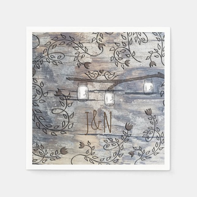 Servilleta De Papel Mason Jars & Love Birds Rústic Branch Boda (Anverso)