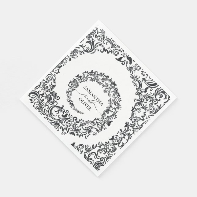 Servilleta De Papel Matrimonio Damasco blanco y negro (Esquina)