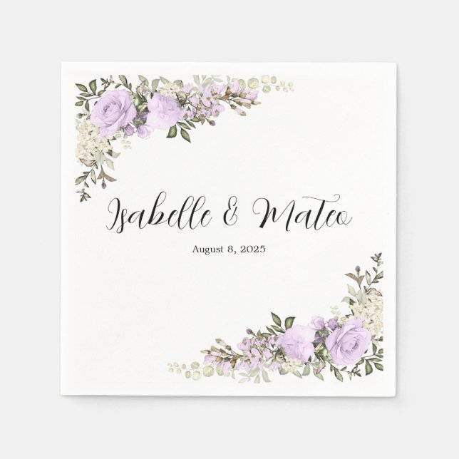 Servilleta De Papel Matrimonio personalizado morado y floral blanco (Anverso)