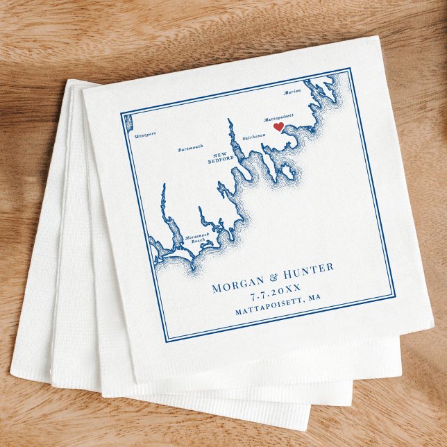 Servilleta De Papel Mattapoisett MA Elegant Navy Blue Wedding (Mattapoisett Wedding Cocktail Napkins in elegant navy blue by Coastal Map Designs)