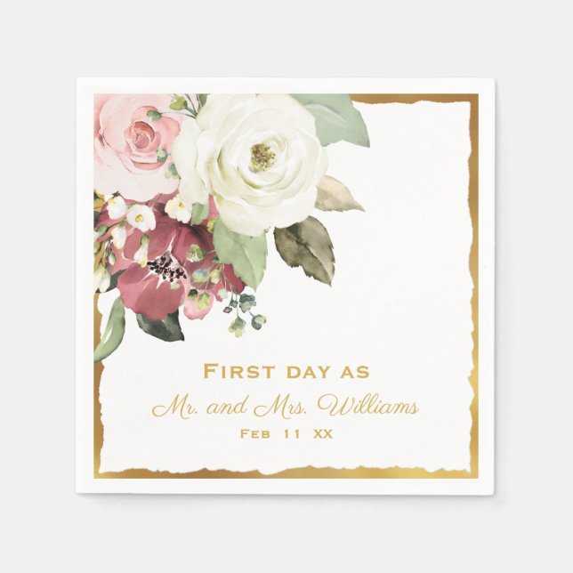 Servilleta De Papel Mauve Pink White Floral 1er día como Sra. Boda (Anverso)