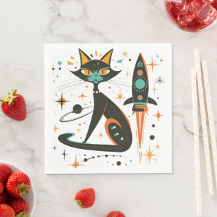 Servilleta De Papel MCM Black Cat Retro Spaceship Stars Planets