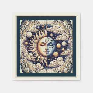 Servilleta De Papel Medio sol celestial vintage y amarillo azul lunar