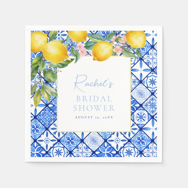 Servilleta De Papel Mediterranean Limones Azulejos Azules Despedida de (Anverso)