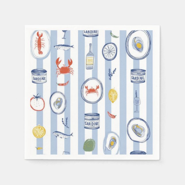 Servilleta De Papel Mediterranean Seafood Sardine Blue Stripe Pattern (Anverso)