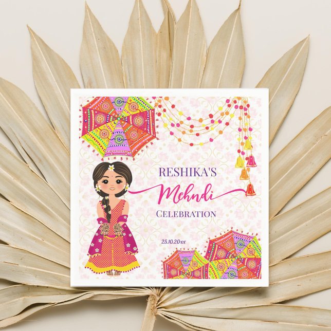 Servilleta De Papel Mehndi lindo paraguas de novia indio (Mehndi napkins cute Indian henna bride Indian decor umbrellas pom bells garlands mehndi tableware)