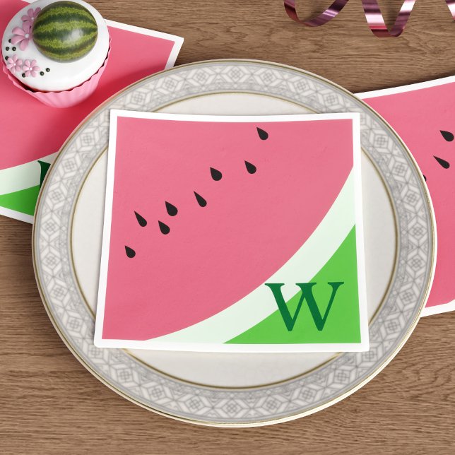 Servilleta De Papel Melaza rosa Monograma Fiesta de verano servilletas (Spice up your summer soirées with these adorable Pink Watermelon Monogram Party Napkins)