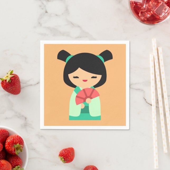 Servilleta De Papel Melocotón rosa Kokeshi muñecas japonesas (In situ)