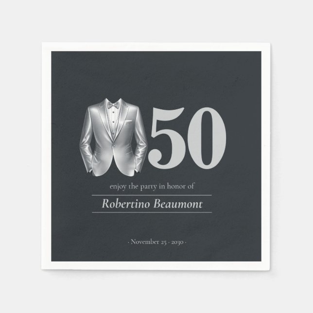 Servilleta De Papel Men's Elegant Tuxedo Silver Black 50th Birthday (Anverso)
