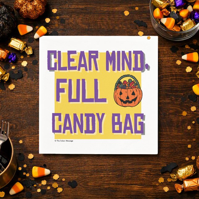 Servilleta De Papel Mente Clara, Bolsa de Dulces Llena | Fiesta de Hal (Clear Mind, Full Candy Bag slogan napkins for sober, recovery‑minded Halloween celebrations)